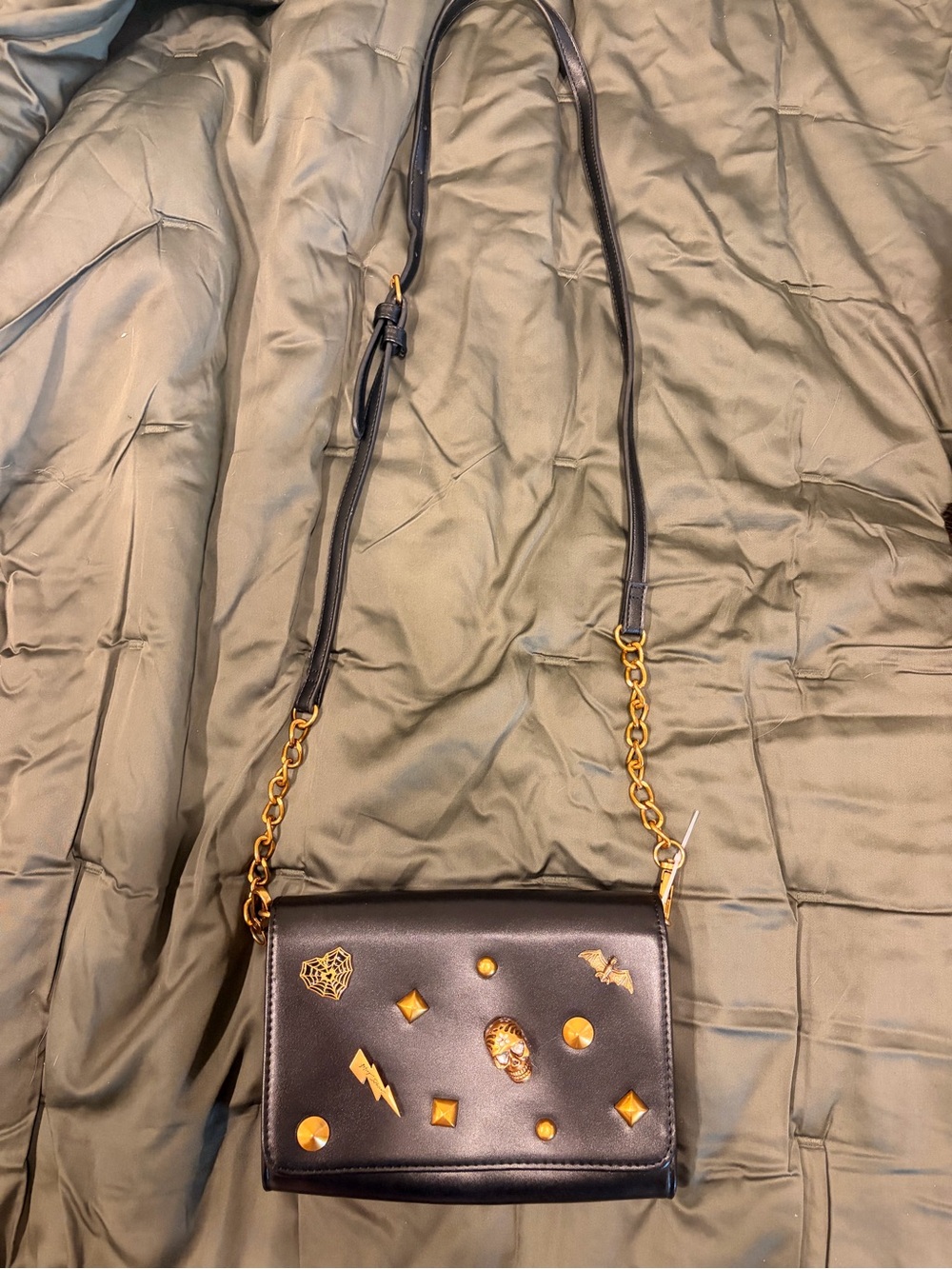 Betsey Johnson Black Mini Crossbody with Gold Stud & Charm Accents
